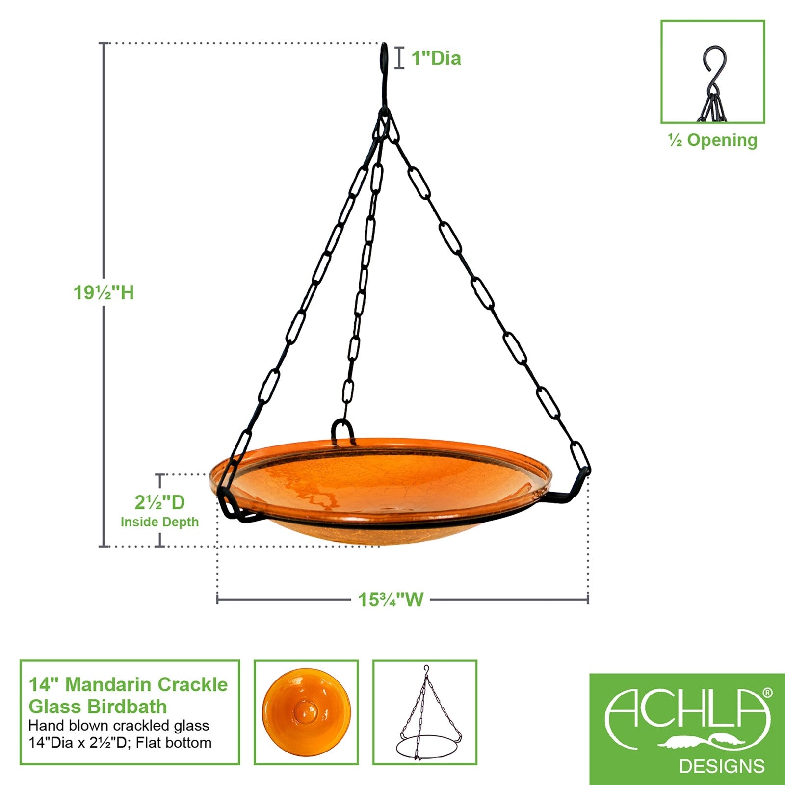 ACHLA Mandarin Crackle Glass 14in Hanging Birdbath | Hand-Blown Orange Glass and Black Wrought Iron | Garden & Patio Water Feature | Model CGB-H-14M