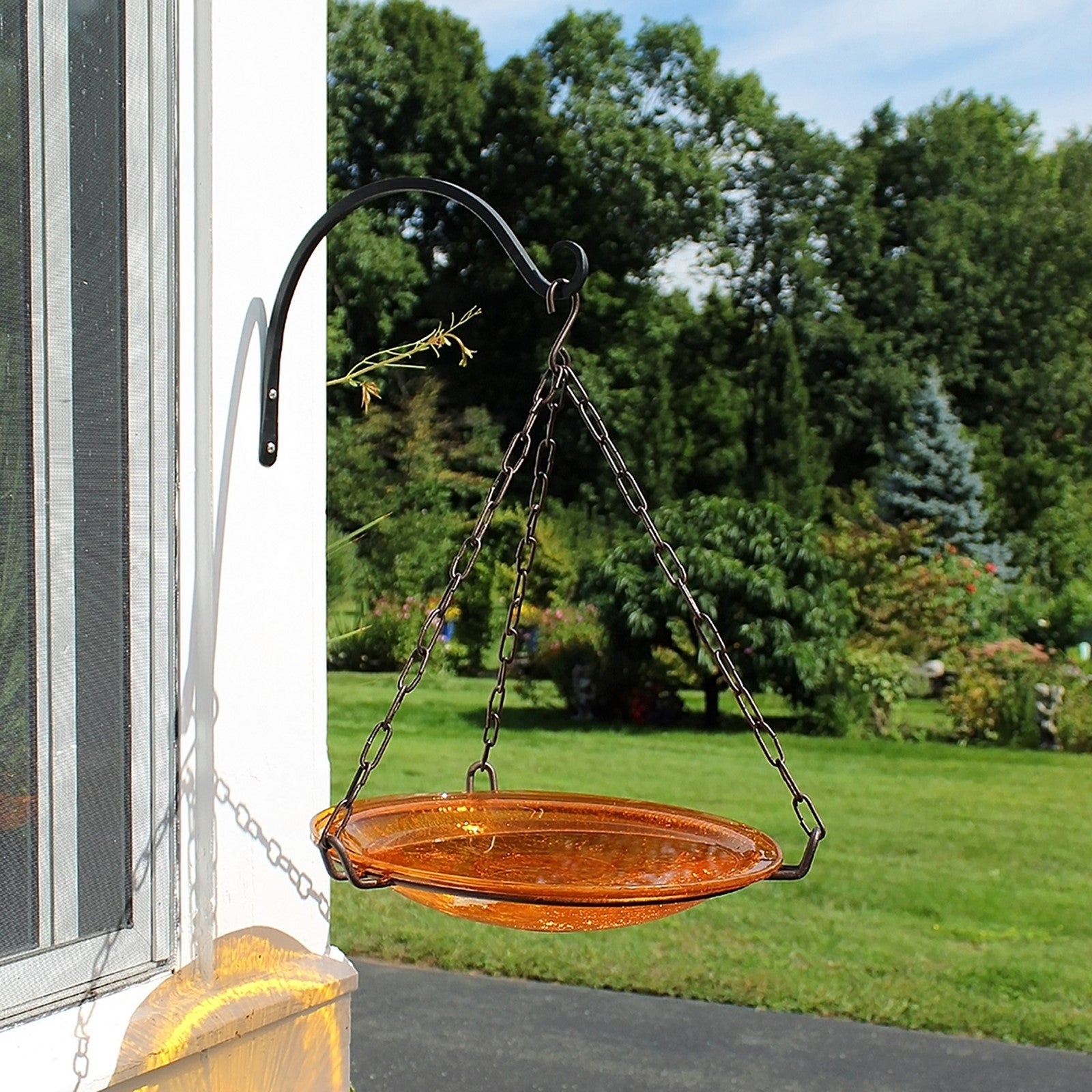 ACHLA Mandarin Crackle Glass 14in Hanging Birdbath | Hand-Blown Orange Glass and Black Wrought Iron | Garden & Patio Water Feature | Model CGB-H-14M