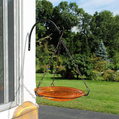 ACHLA Mandarin Crackle Glass 14in Hanging Birdbath | Hand-Blown Orange Glass and Black Wrought Iron | Garden & Patio Water Feature | Model CGB-H-14M