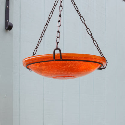 ACHLA Mandarin Crackle Glass 14in Hanging Birdbath | Hand-Blown Orange Glass and Black Wrought Iron | Garden & Patio Water Feature | Model CGB-H-14M