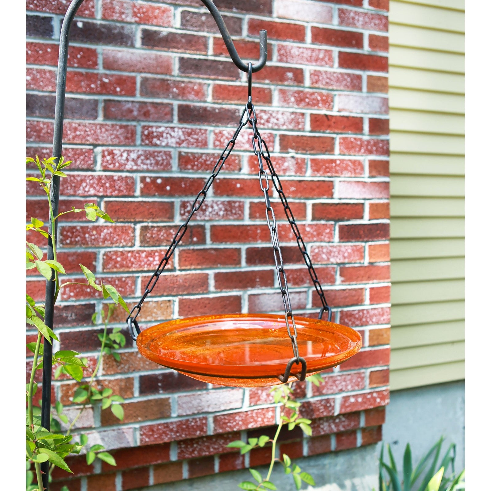 ACHLA Mandarin Crackle Glass 14in Hanging Birdbath | Hand-Blown Orange Glass and Black Wrought Iron | Garden & Patio Water Feature | Model CGB-H-14M