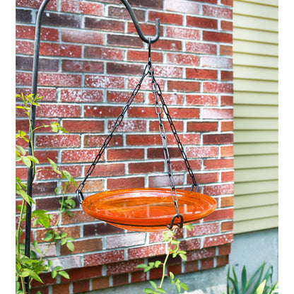 ACHLA Mandarin Crackle Glass 14in Hanging Birdbath | Hand-Blown Orange Glass and Black Wrought Iron | Garden & Patio Water Feature | Model CGB-H-14M