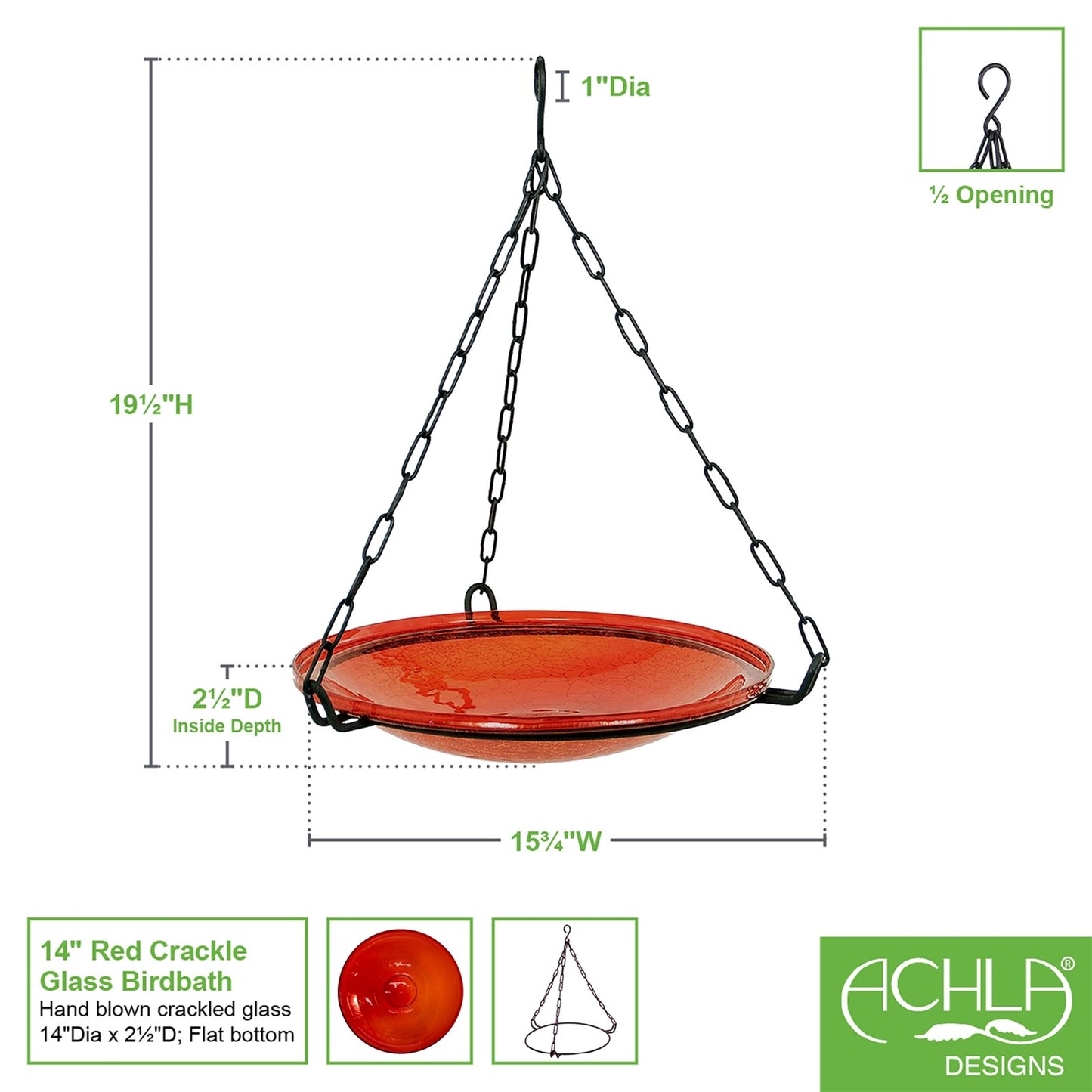 ACHLA CGB-H-14R 14in Hanging Red Crackle Glass Birdbath Bowl | Outdoor Garden & Patio Decorative Bowl | 13.75 x 13.75 x 17 in | Model CGB-H-14R