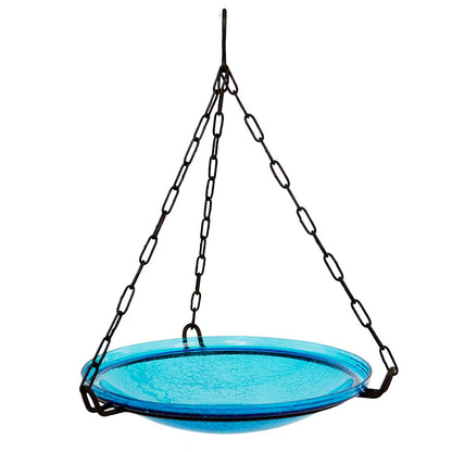 ACHLA Hanging Teal Crackle Glass Birdbath Bowl | Outdoor Garden & Patio Decor | 14in Diameter x 2.5in Deep | Model CGB-H-14T