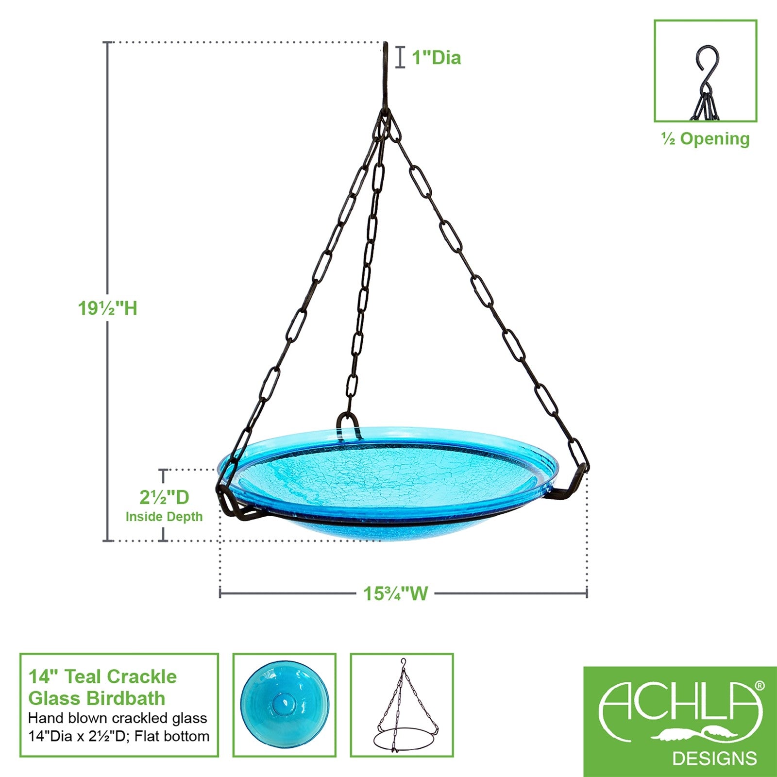 ACHLA Hanging Teal Crackle Glass Birdbath Bowl | Outdoor Garden & Patio Decor | 14in Diameter x 2.5in Deep | Model CGB-H-14T