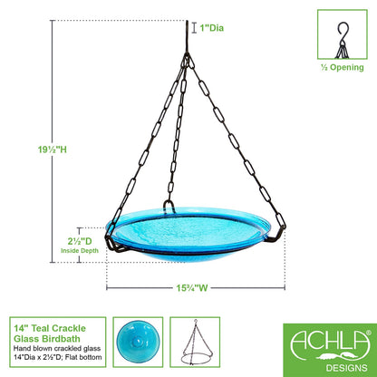 ACHLA Hanging Teal Crackle Glass Birdbath Bowl | Outdoor Garden & Patio Decor | 14in Diameter x 2.5in Deep | Model CGB-H-14T