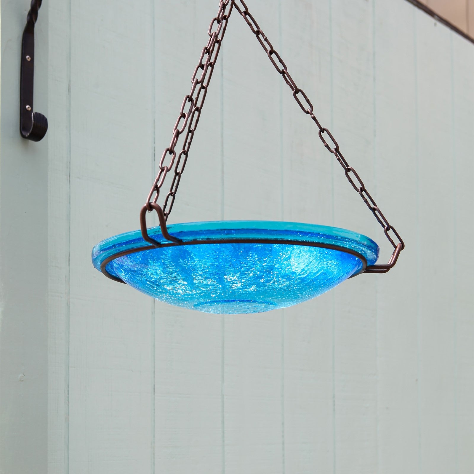ACHLA Hanging Teal Crackle Glass Birdbath Bowl | Outdoor Garden & Patio Decor | 14in Diameter x 2.5in Deep | Model CGB-H-14T
