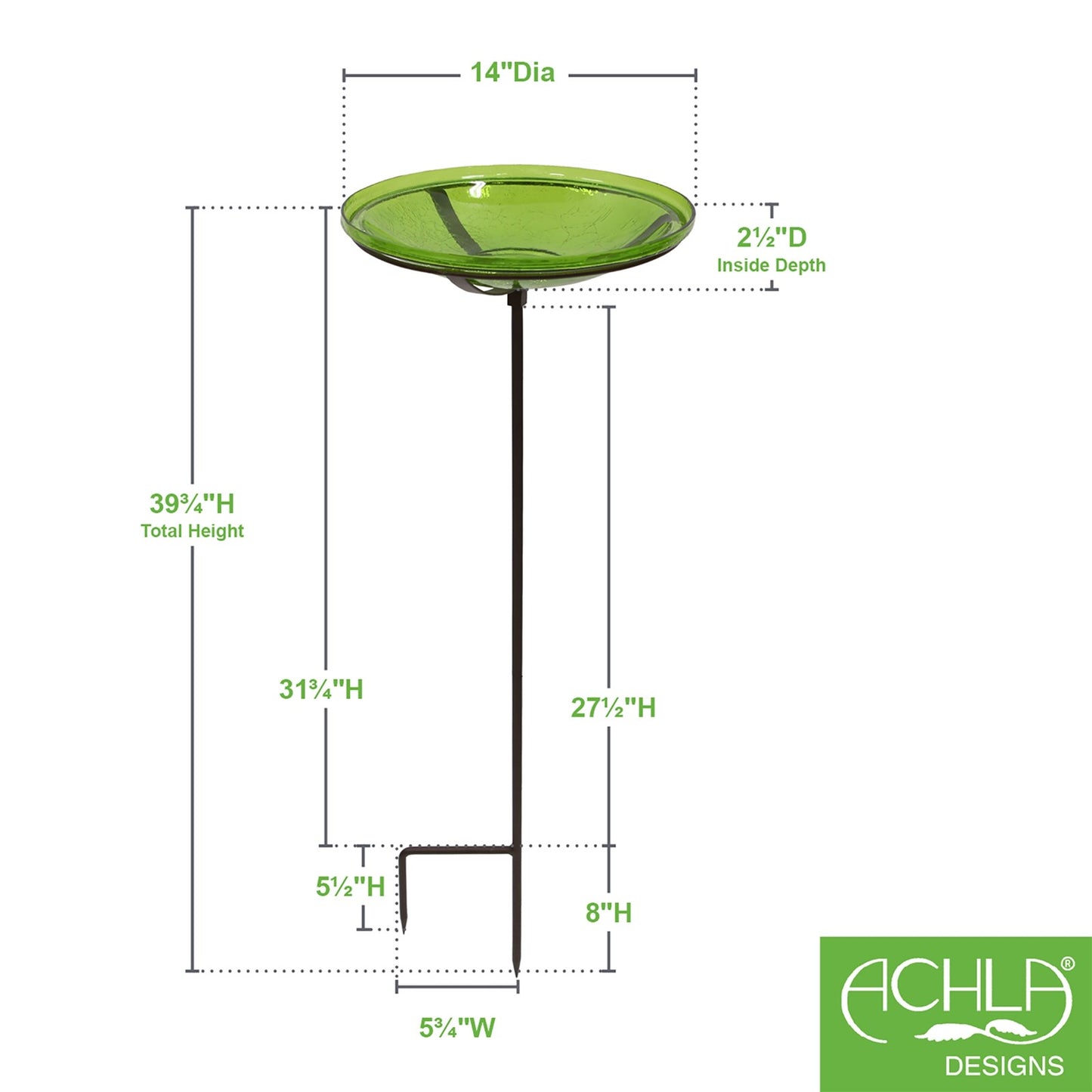 ACHLA Fern Green Crackle Glass Birdbath Bowl with Stand | 14in Outdoor Garden Decor | Patio & Backyard Water Feature | Model CGB-S-14FG