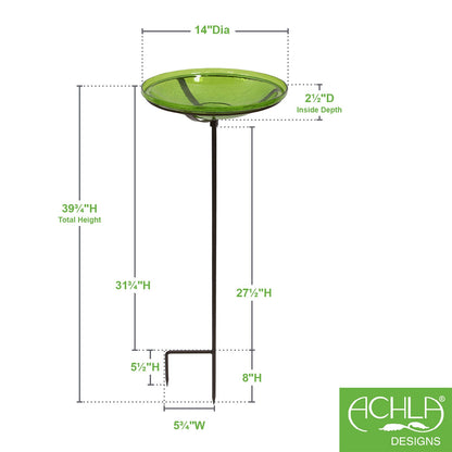 ACHLA Fern Green Crackle Glass Birdbath Bowl with Stand | 14in Outdoor Garden Decor | Patio & Backyard Water Feature | Model CGB-S-14FG