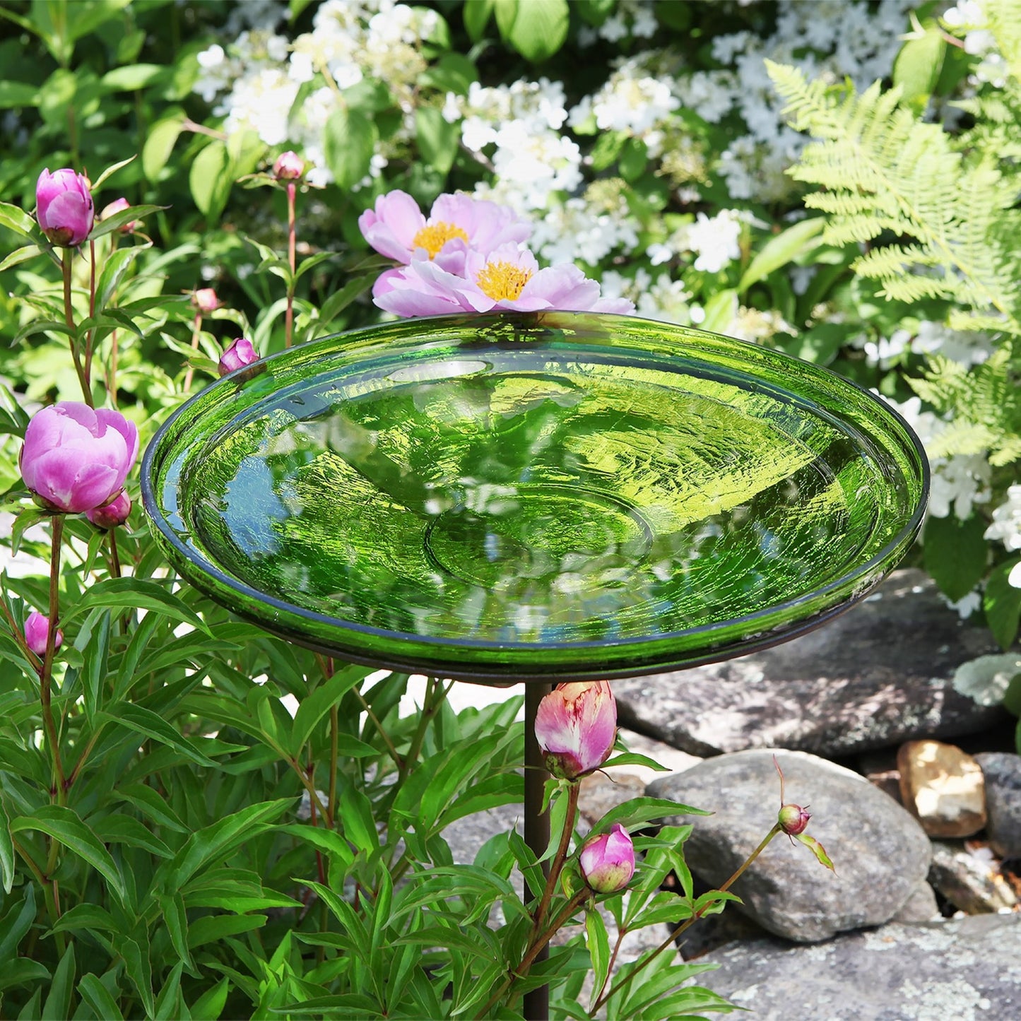 ACHLA Fern Green Crackle Glass Birdbath Bowl with Stand | 14in Outdoor Garden Decor | Patio & Backyard Water Feature | Model CGB-S-14FG