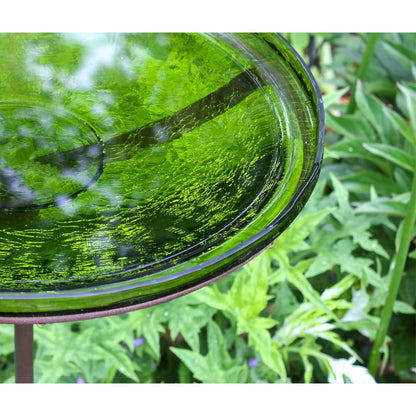 ACHLA Fern Green Crackle Glass Birdbath Bowl with Stand | 14in Outdoor Garden Decor | Patio & Backyard Water Feature | Model CGB-S-14FG