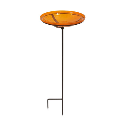 ACHLA Mandarin Crackle Glass 14in Birdbath Bowl with Stake | Hand-Blown Orange Glass and Wrought Iron Roman Bronze | Garden & Patio | Model CGB-S-14M