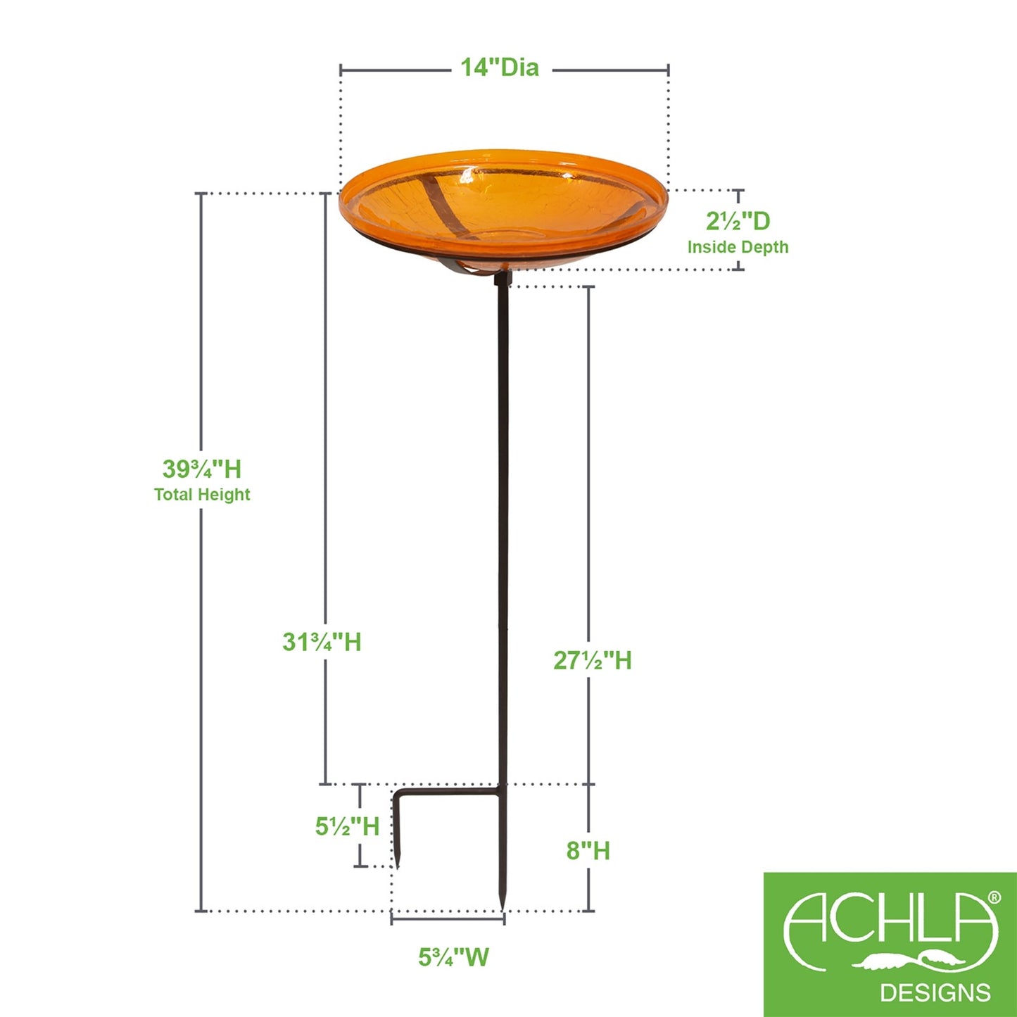 ACHLA Mandarin Crackle Glass 14in Birdbath Bowl with Stake | Hand-Blown Orange Glass and Wrought Iron Roman Bronze | Garden & Patio | Model CGB-S-14M