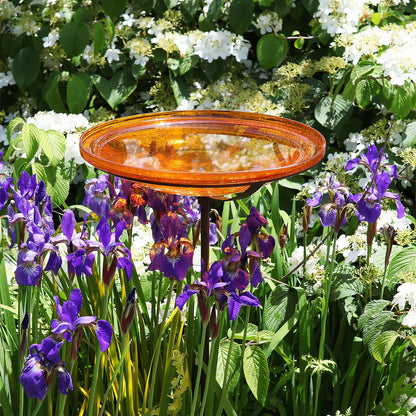 ACHLA Mandarin Crackle Glass 14in Birdbath Bowl with Stake | Hand-Blown Orange Glass and Wrought Iron Roman Bronze | Garden & Patio | Model CGB-S-14M