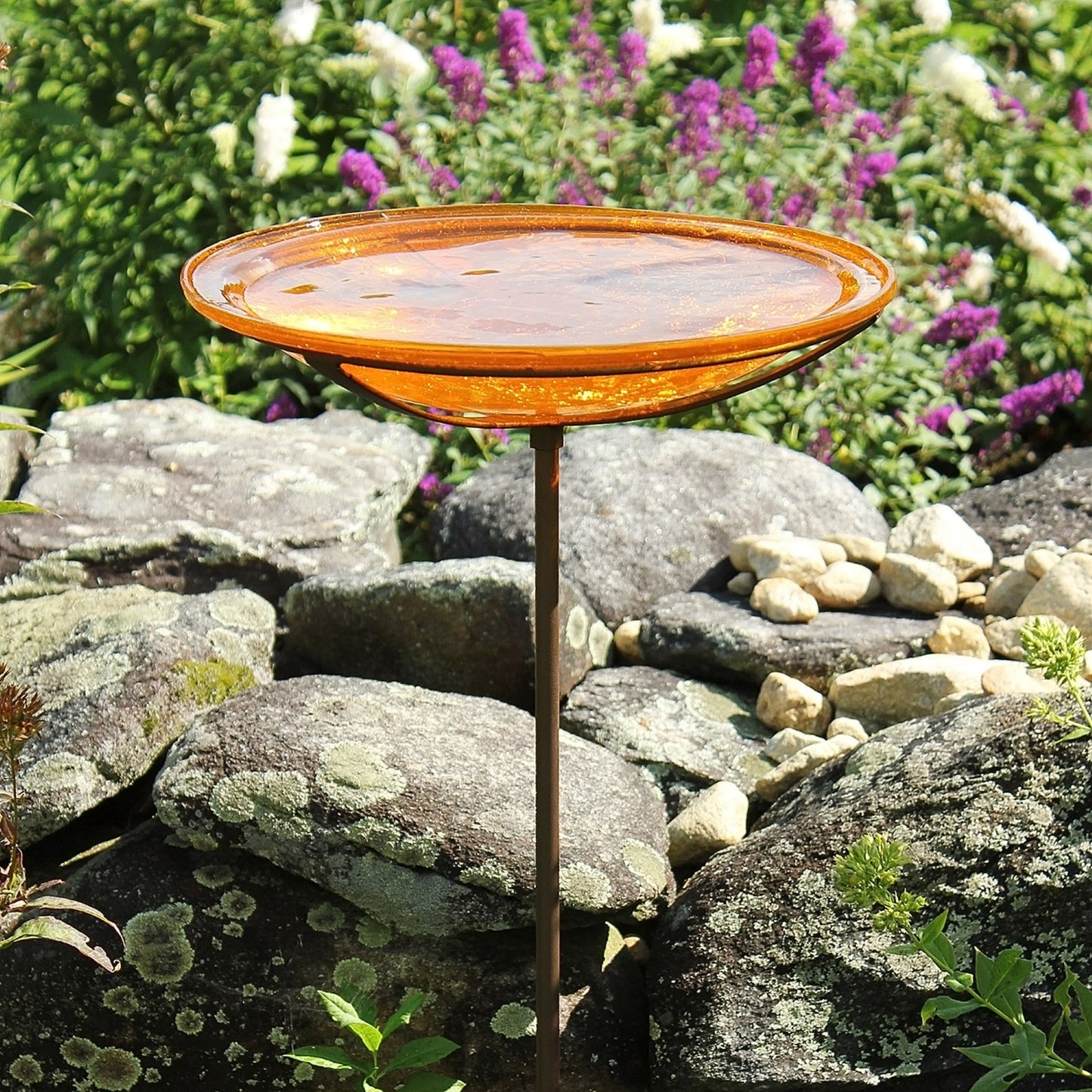 ACHLA Mandarin Crackle Glass 14in Birdbath Bowl with Stake | Hand-Blown Orange Glass and Wrought Iron Roman Bronze | Garden & Patio | Model CGB-S-14M