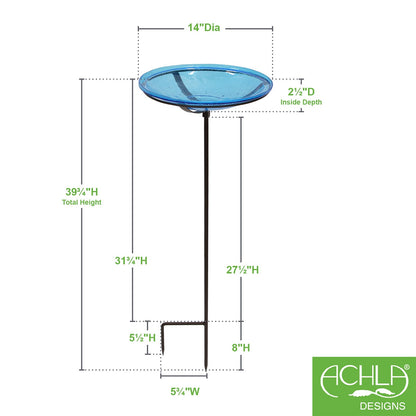 ACHLA Teal Crackle Glass Birdbath Bowl with Stand | Roman Bronze Metal Cradle | Outdoor Garden & Patio Decor | 14 in Dia x 2.5 in D | Model CGB-S-14T