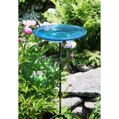 ACHLA Teal Crackle Glass Birdbath Bowl with Stand | Roman Bronze Metal Cradle | Outdoor Garden & Patio Decor | 14 in Dia x 2.5 in D | Model CGB-S-14T