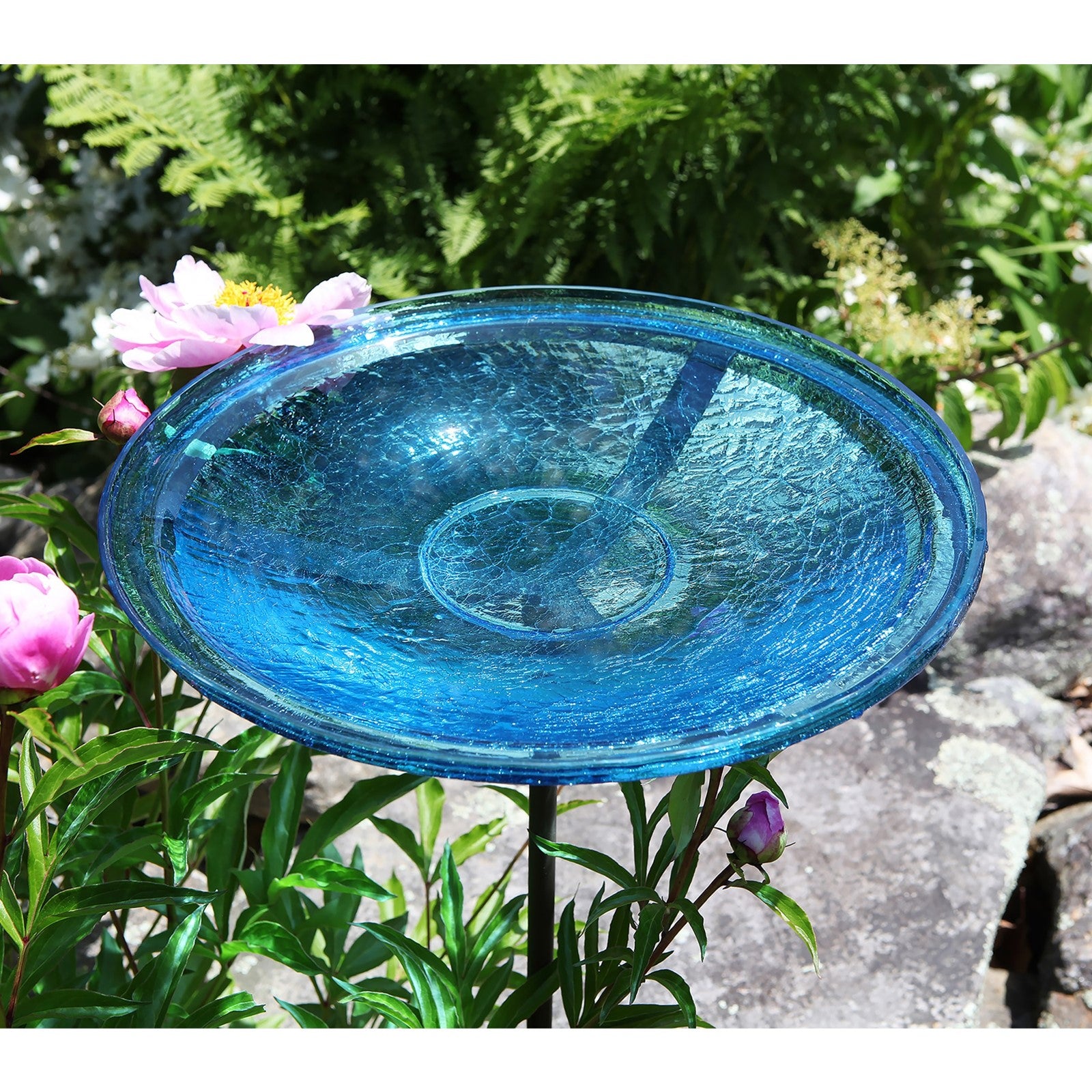 ACHLA Teal Crackle Glass Birdbath Bowl with Stand | Roman Bronze Metal Cradle | Outdoor Garden & Patio Decor | 14 in Dia x 2.5 in D | Model CGB-S-14T