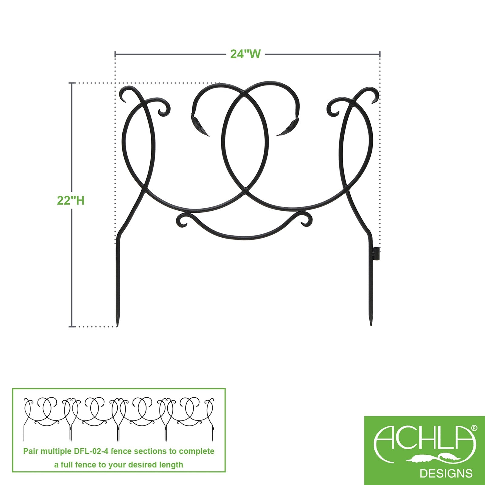 ACHLA Scroll Border Fence Section 4-Pack | Traditional Victorian Wrought Iron | Garden Edging & Flower Bed Border | 24 x 22 in Each | Model DFS-02-4