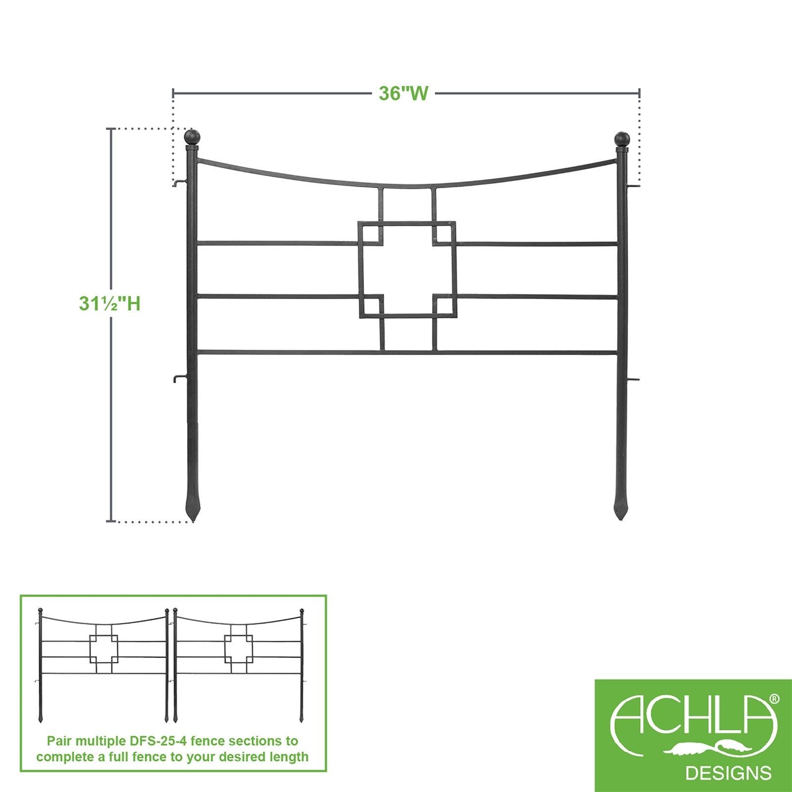 ACHLA Square-on-Squares Fence Section 4-Pack | Graphite Powdercoat Wrought Iron | Garden & Landscape Border | 36 x 1.5 x 31.5 in Each | Model DFS-25-4