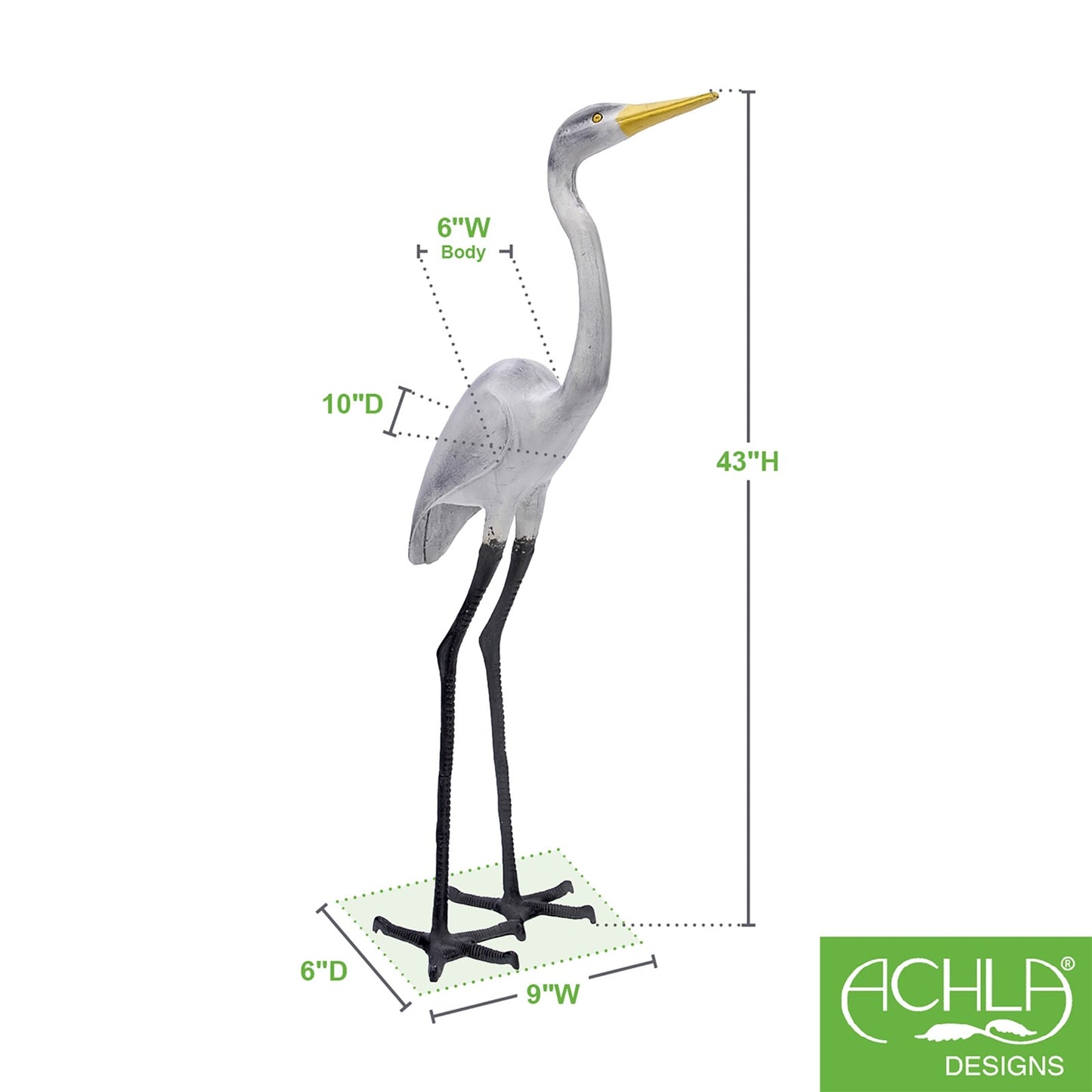 ACHLA Great Egret I 43in Tall Garden Ornament | Cast Aluminum Black, White, and Yellow | Patio & Garden Accent | 13 x 9 x 43 in | Model E-02