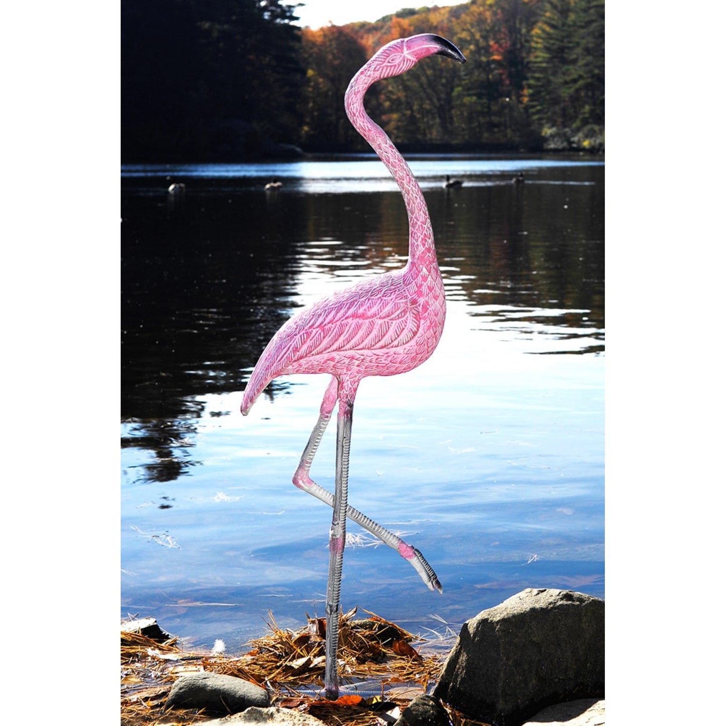 ACHLA American Flamingo 38in Garden Ornament | Cast Aluminum Pink and White | Tropical Patio & Poolside Decor | 13.5 x 7.5 x 38 in | Model E-04