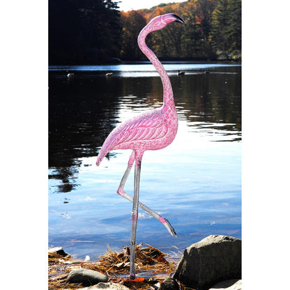 ACHLA American Flamingo 38in Garden Ornament | Cast Aluminum Pink and White | Tropical Patio & Poolside Decor | 13.5 x 7.5 x 38 in | Model E-04