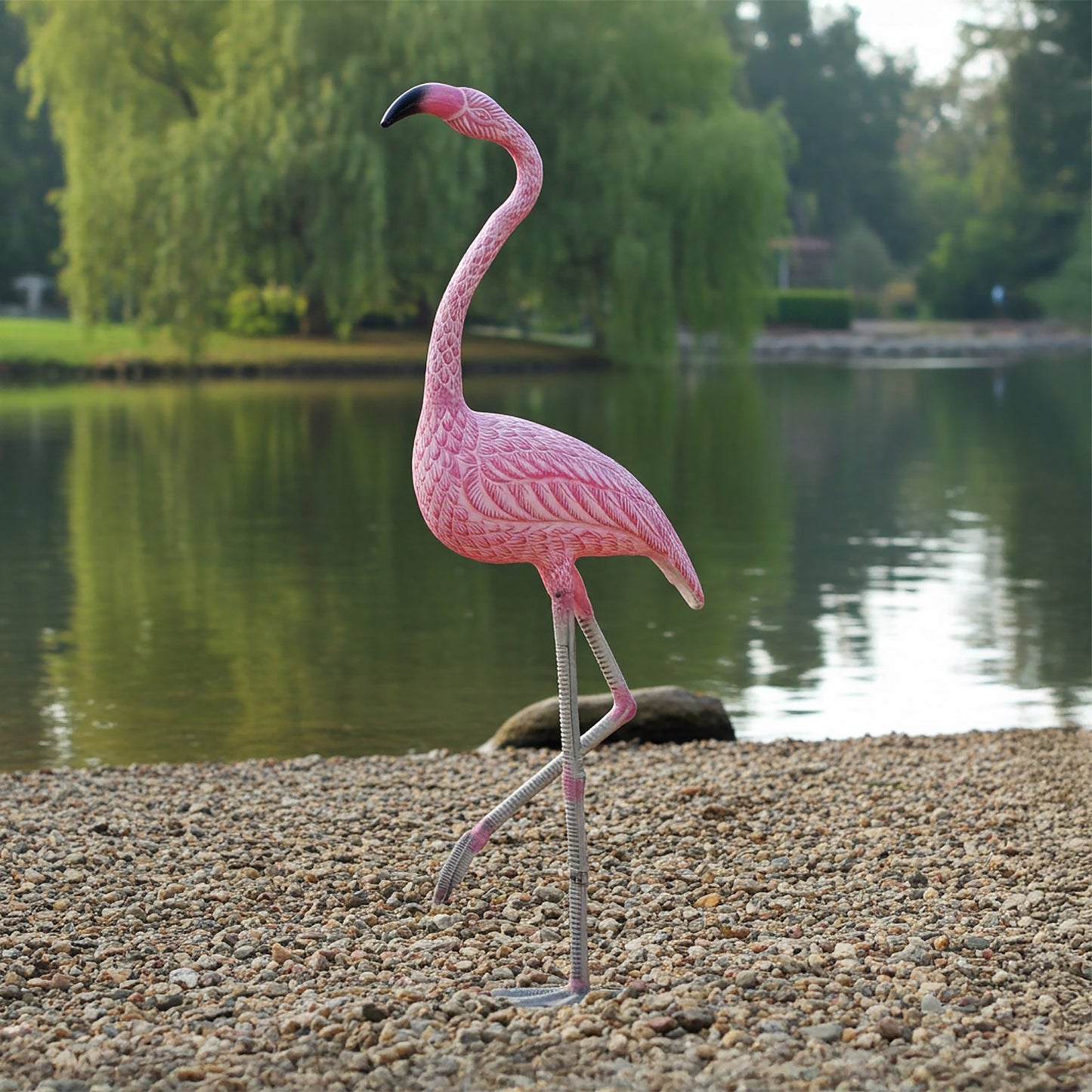 ACHLA American Flamingo 38in Garden Ornament | Cast Aluminum Pink and White | Tropical Patio & Poolside Decor | 13.5 x 7.5 x 38 in | Model E-04