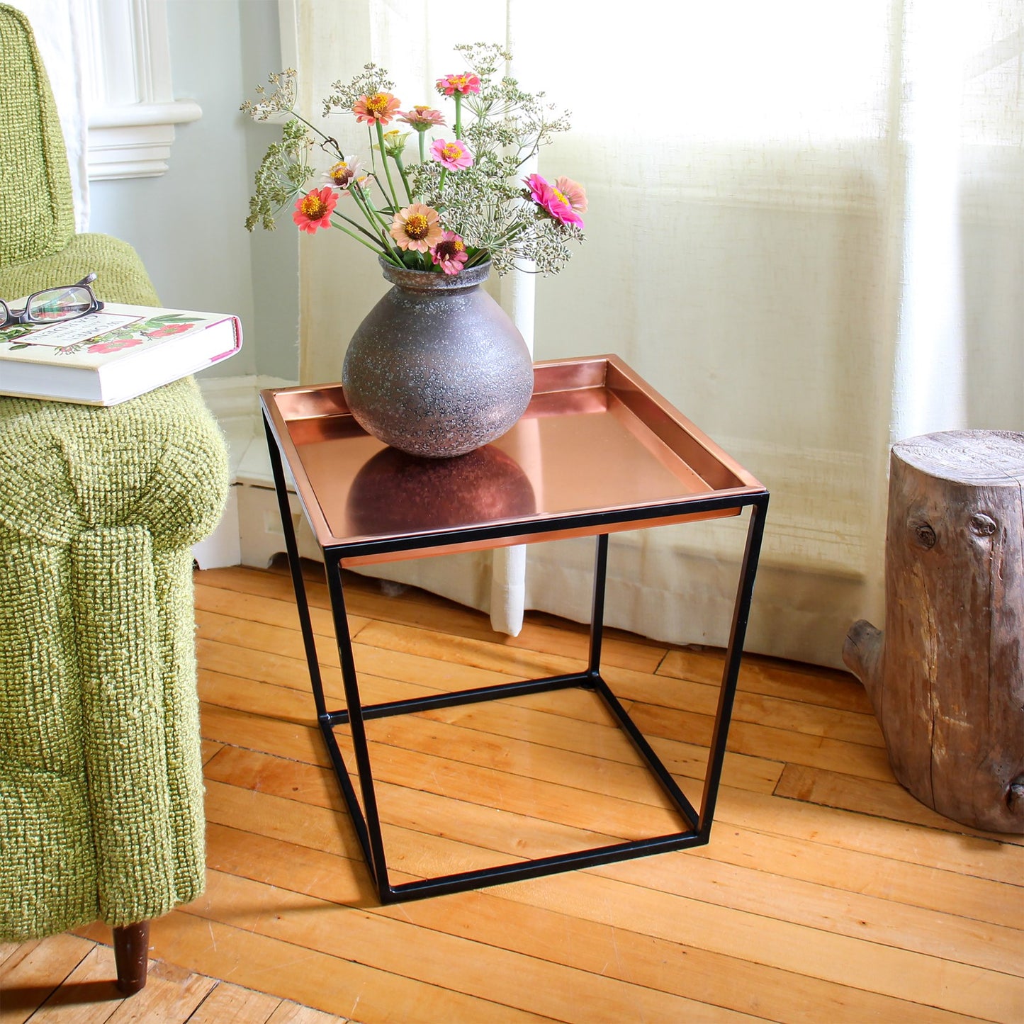 ACHLA Arne 14in Plant Stand with Copper Tray | Scandinavian Modern Wrought Iron and Copper | Living Room & Patio Accent Table | Model FB-45C