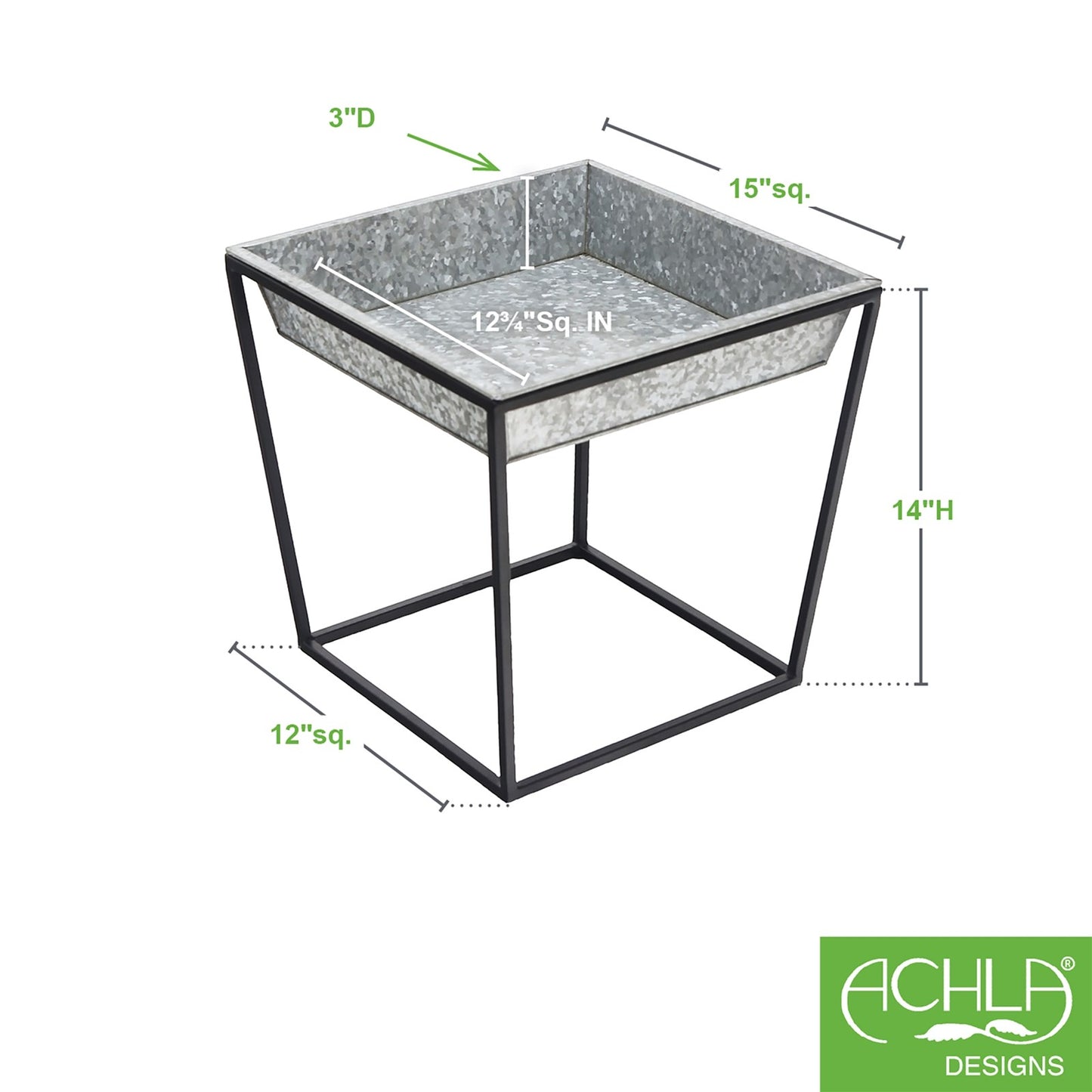 ACHLA Arne 14in Plant Stand with Galvanized Tray | Scandinavian Modern Wrought Iron Black Powdercoat | Indoor & Outdoor Accent Table | Model FB-45G3