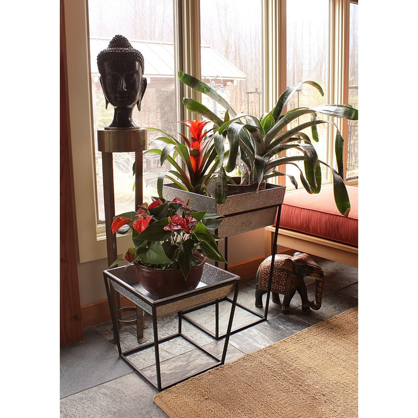 ACHLA Arne 14in Plant Stand with Galvanized Tray | Scandinavian Modern Wrought Iron Black Powdercoat | Indoor & Outdoor Accent Table | Model FB-45G3