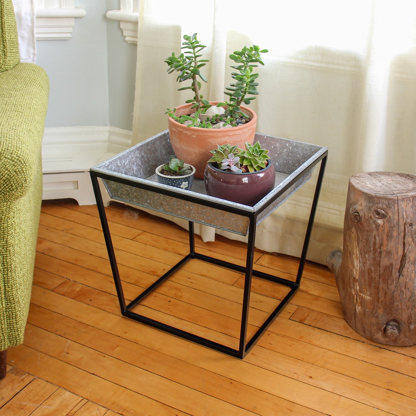 ACHLA Arne 14in Plant Stand with Galvanized Tray | Scandinavian Modern Wrought Iron Black Powdercoat | Indoor & Outdoor Accent Table | Model FB-45G3