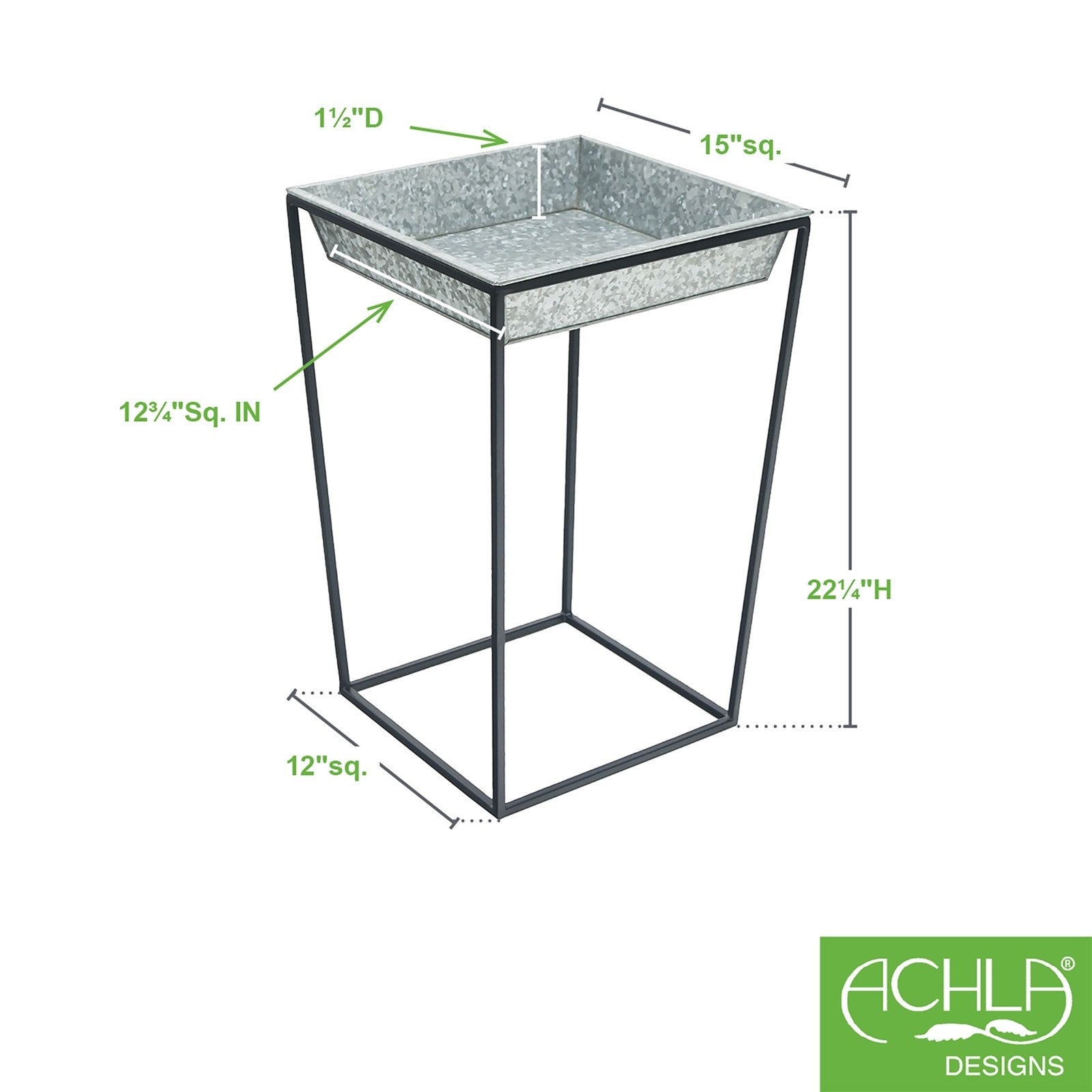 ACHLA Arne 22in Plant Stand with Galvanized Tray | Scandinavian Modern Black Wrought Iron and Silver Galvanized Steel | Indoor & | Model FB-46G3