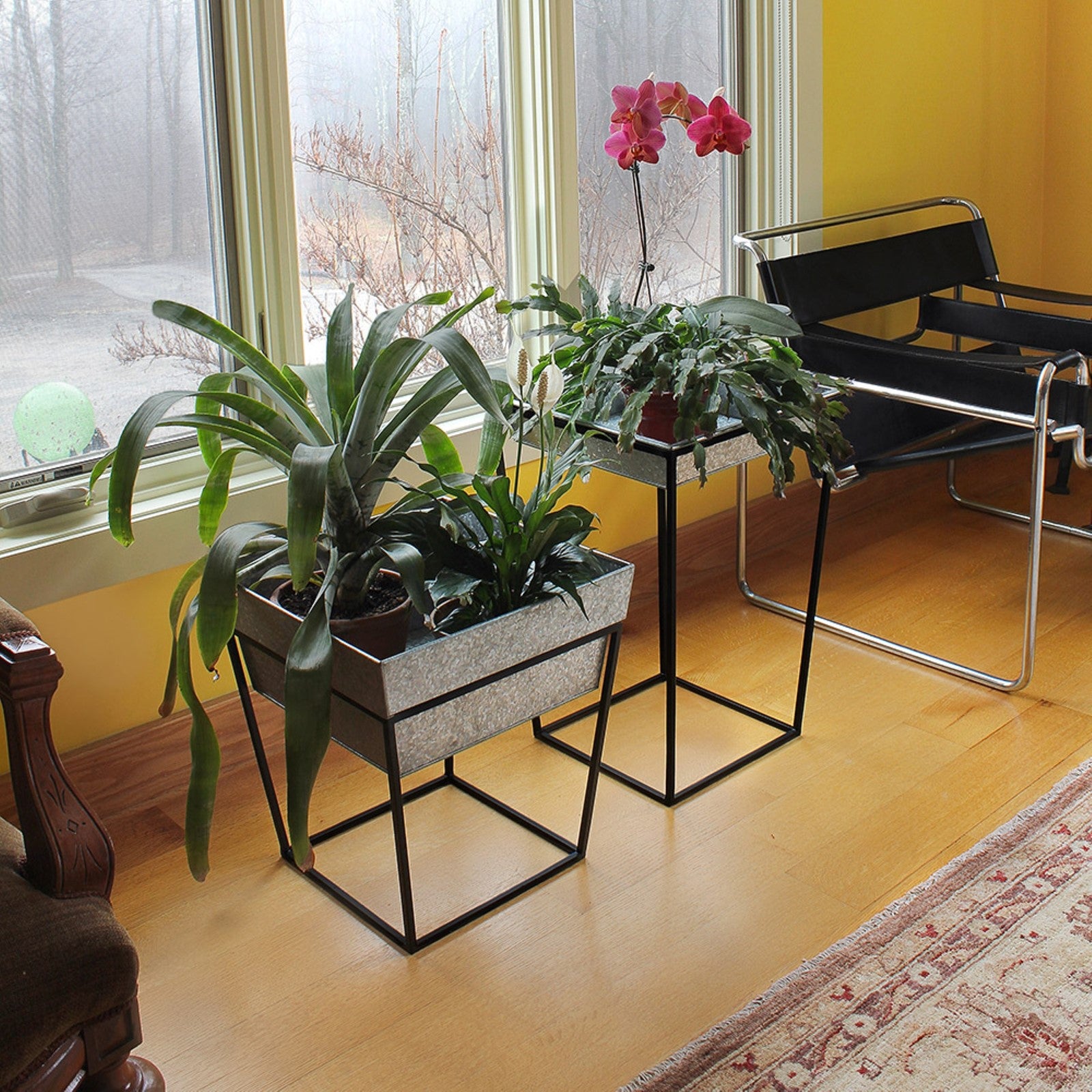 ACHLA Arne 22in Plant Stand with Galvanized Tray | Scandinavian Modern Black Wrought Iron and Silver Galvanized Steel | Indoor & | Model FB-46G3