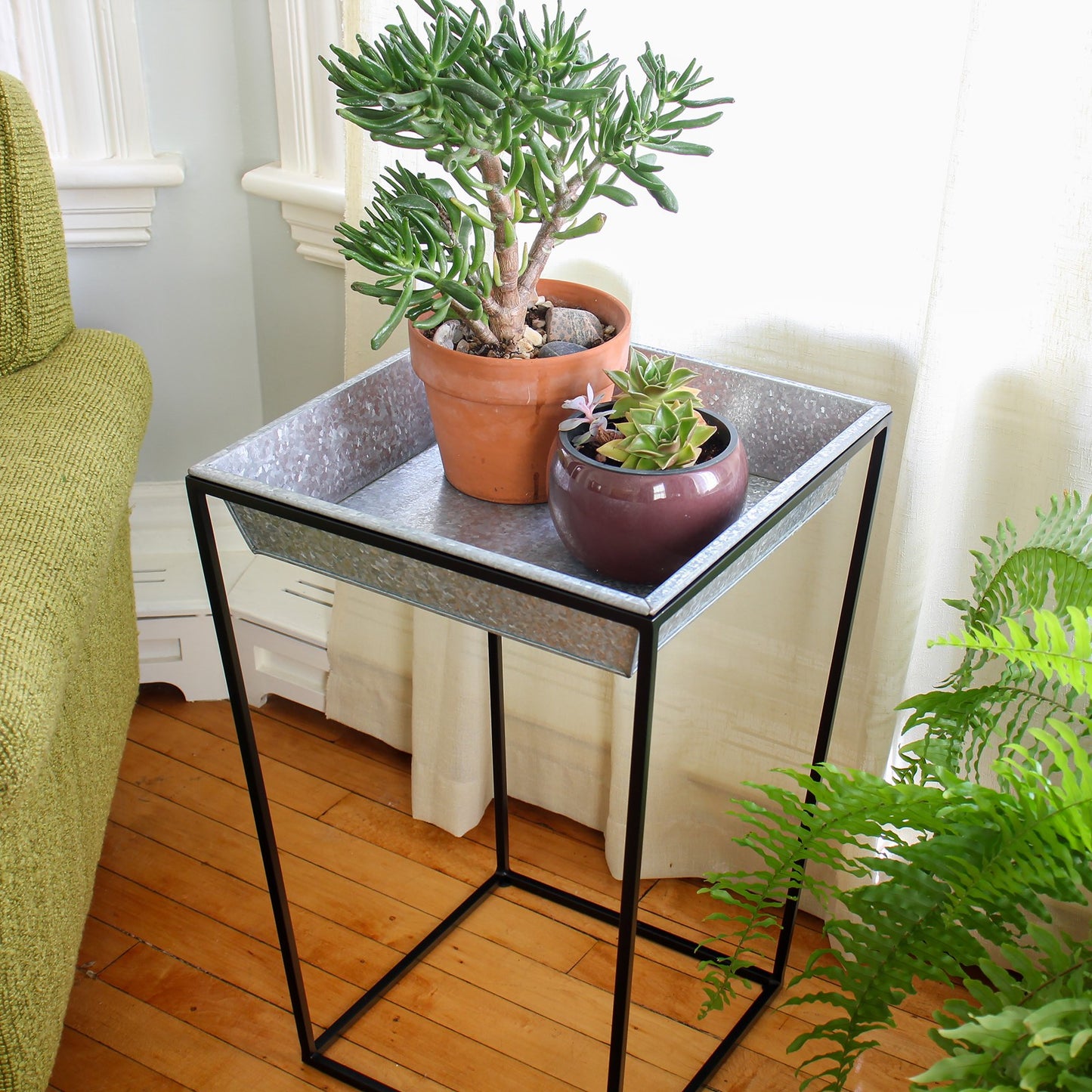 ACHLA Arne 22in Plant Stand with Galvanized Tray | Scandinavian Modern Black Wrought Iron and Silver Galvanized Steel | Indoor & | Model FB-46G3