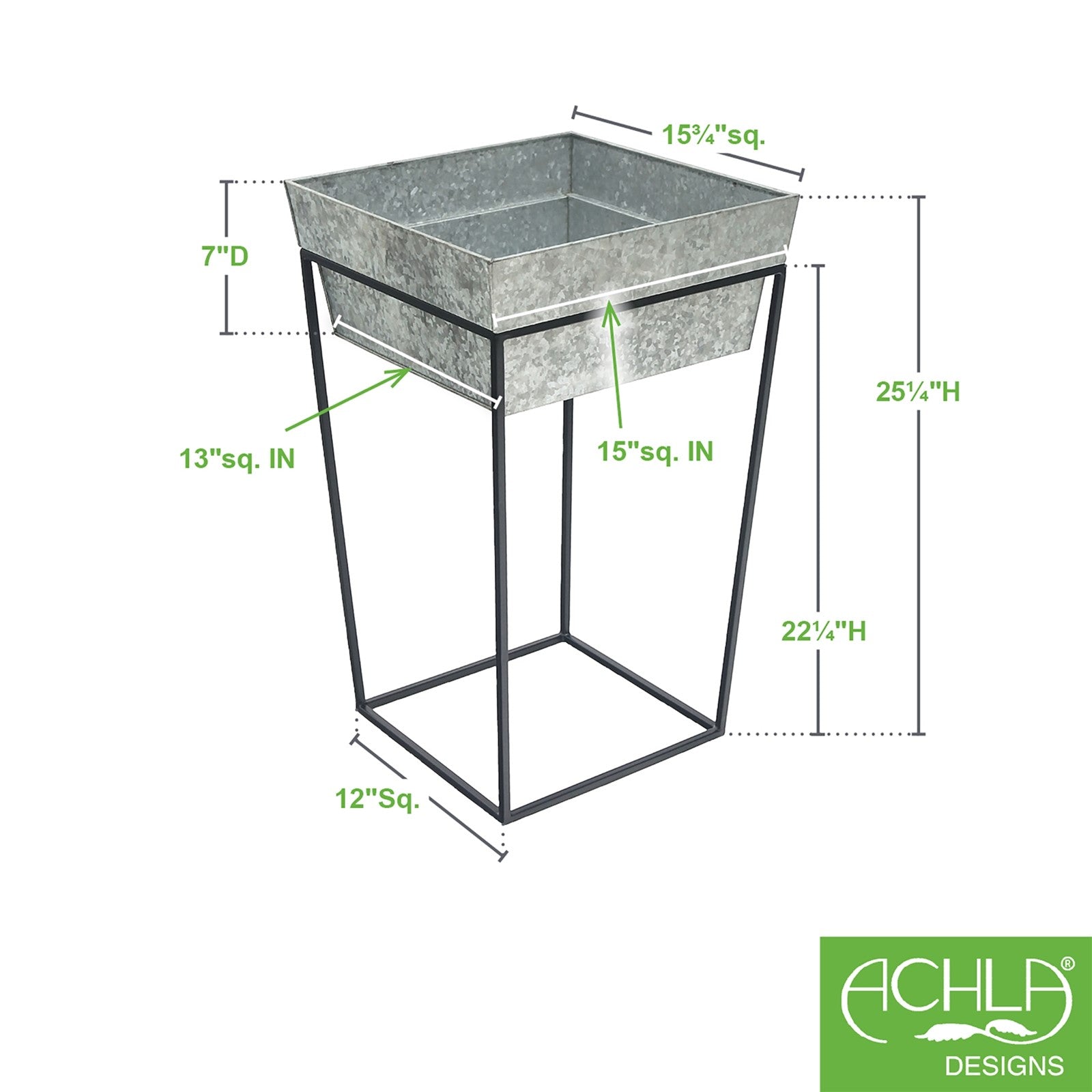 ACHLA Arne 22in Plant Stand | Black Wrought Iron and Galvanized Steel Tray | Indoor & Outdoor Accent Table or Planter | Model FB-46G7