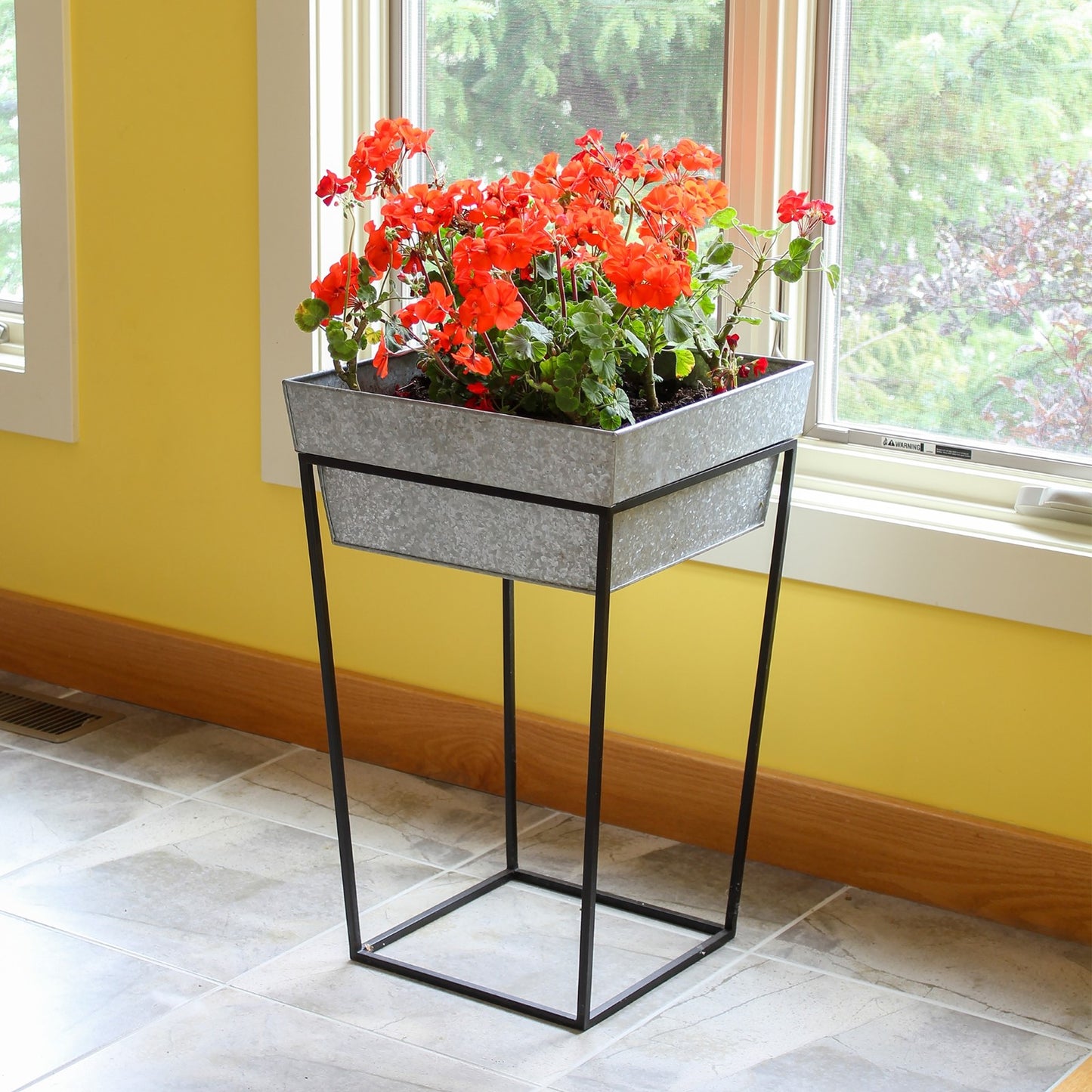 ACHLA Arne 22in Plant Stand | Black Wrought Iron and Galvanized Steel Tray | Indoor & Outdoor Accent Table or Planter | Model FB-46G7