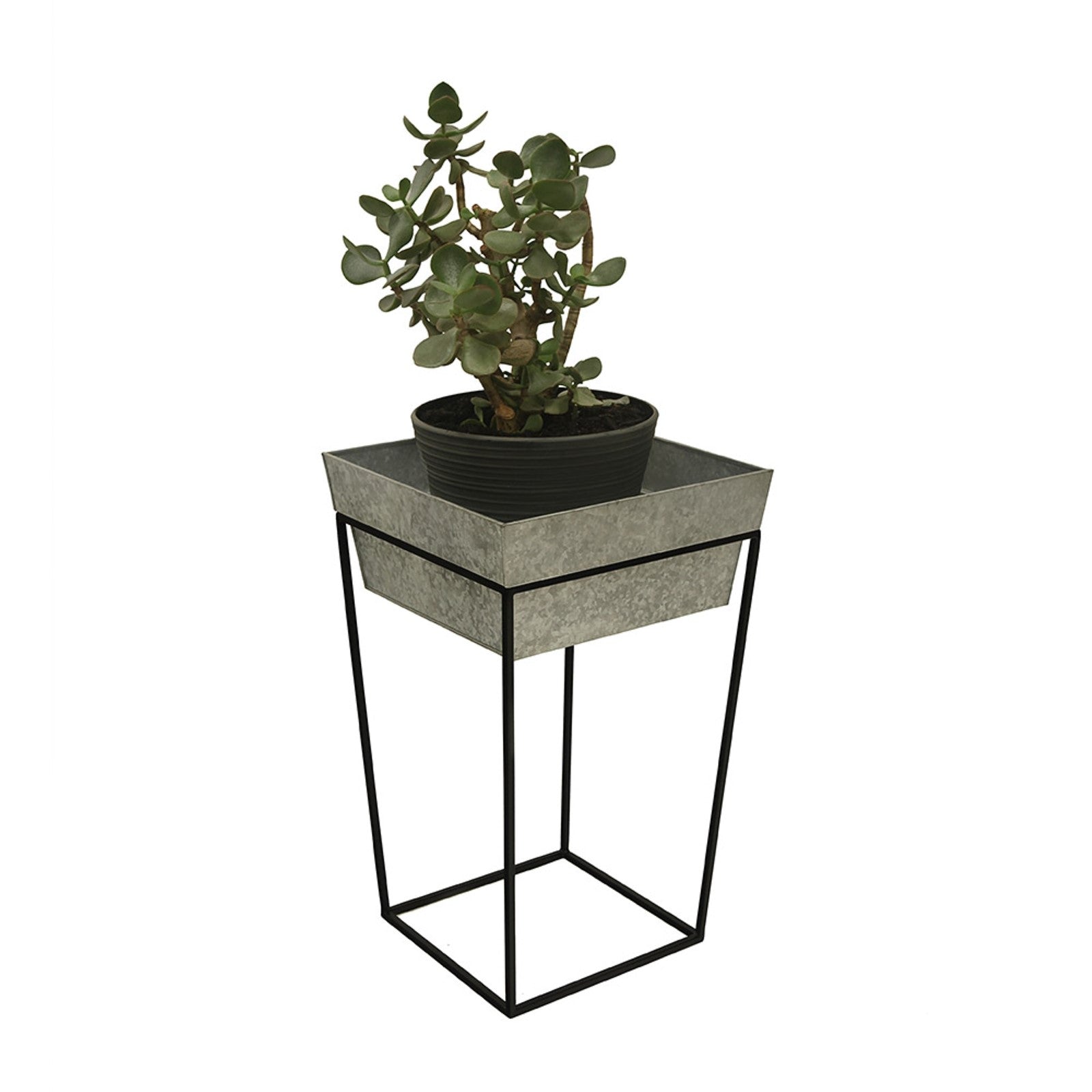 ACHLA Arne 22in Plant Stand | Black Wrought Iron and Galvanized Steel Tray | Indoor & Outdoor Accent Table or Planter | Model FB-46G7