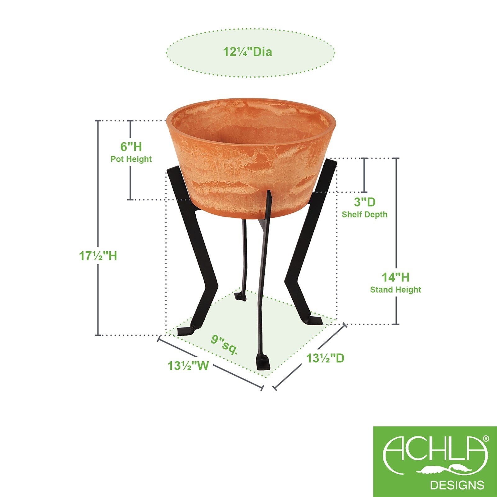 ACHLA Denise Planter II 13in Terra Cotta Planter | Rustic Polymer-Stone Pot on Black Wrought Iron Stand | Patio & Sunroom Plant Stand | Model FB-58-S