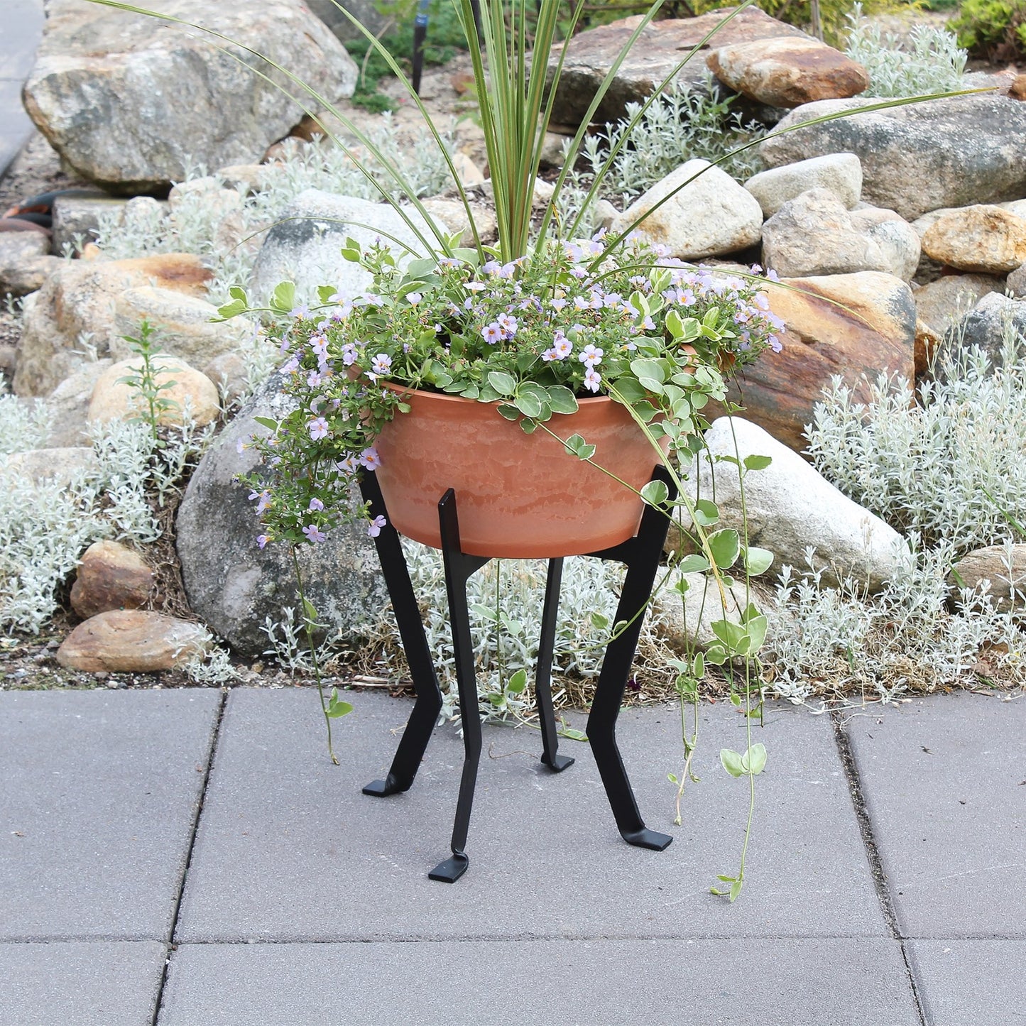 ACHLA Denise Planter II 13in Terra Cotta Planter | Rustic Polymer-Stone Pot on Black Wrought Iron Stand | Patio & Sunroom Plant Stand | Model FB-58-S