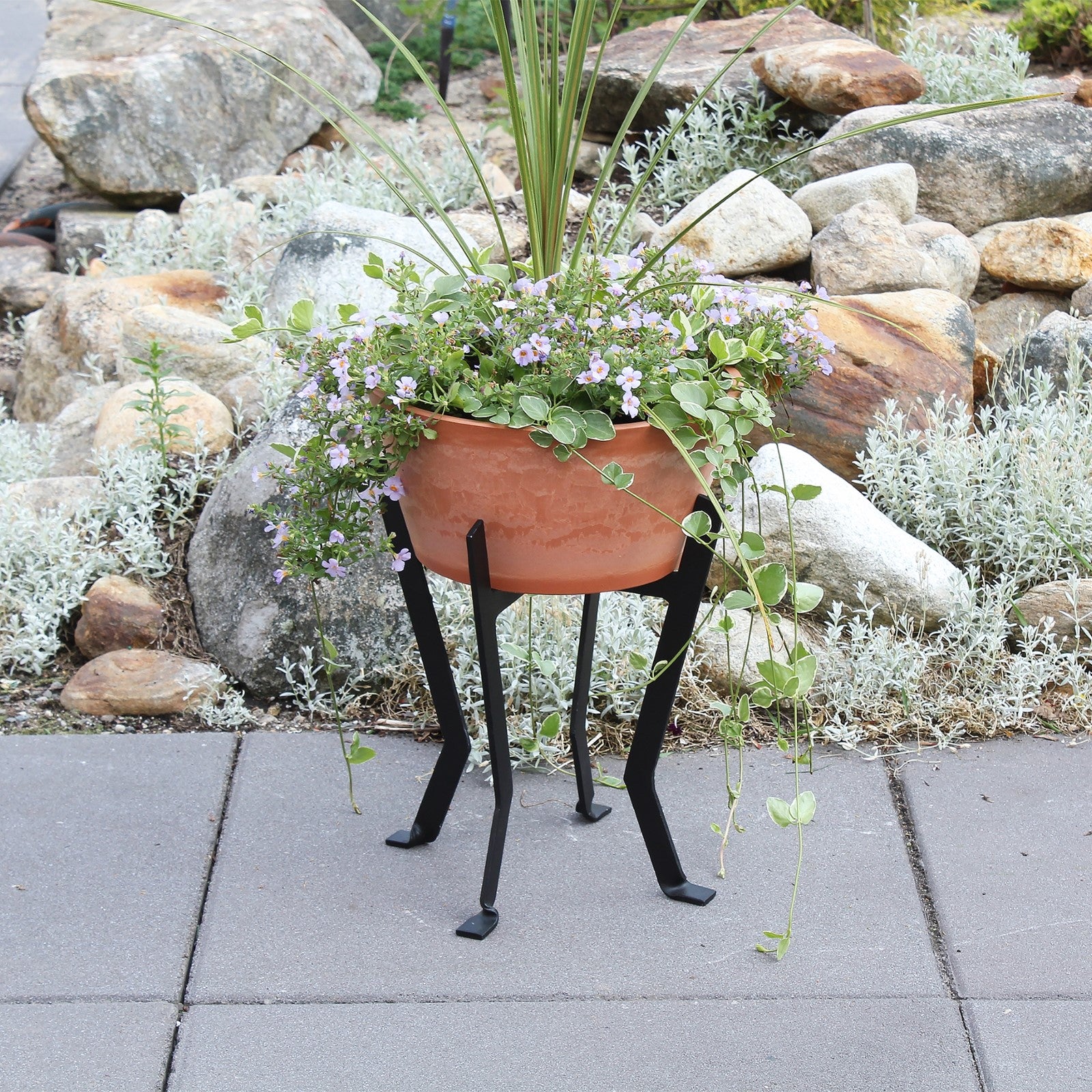ACHLA Denise Planter II 13in Terra Cotta Planter | Rustic Polymer-Stone Pot on Black Wrought Iron Stand | Patio & Sunroom Plant Stand | Model FB-58-S