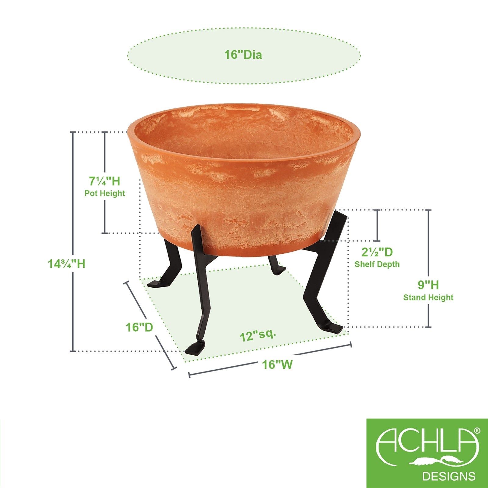 ACHLA Denise Planter I 16in Terra Cotta Planter | Rustic Polymer-Stone Pot on Black Wrought Iron Stand | Patio & Living Room Plant | Model FB-59-S