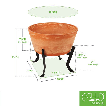 ACHLA Denise Planter I 16in Terra Cotta Planter | Rustic Polymer-Stone Pot on Black Wrought Iron Stand | Patio & Living Room Plant | Model FB-59-S