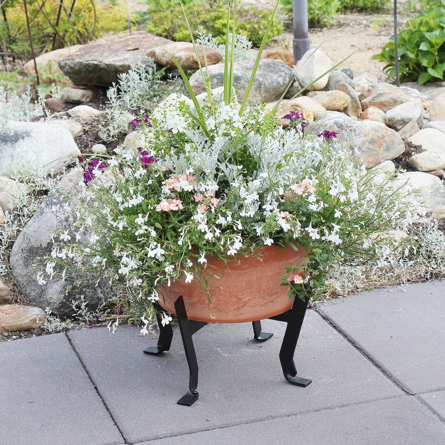 ACHLA Denise Planter I 16in Terra Cotta Planter | Rustic Polymer-Stone Pot on Black Wrought Iron Stand | Patio & Living Room Plant | Model FB-59-S