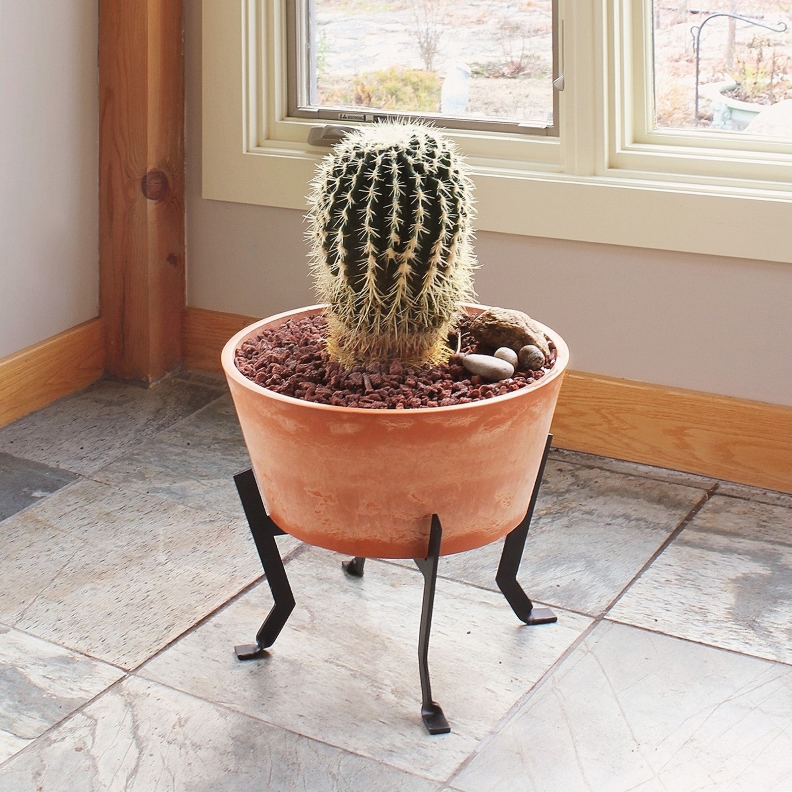 ACHLA Denise Planter I 16in Terra Cotta Planter | Rustic Polymer-Stone Pot on Black Wrought Iron Stand | Patio & Living Room Plant | Model FB-59-S