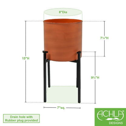 ACHLA Eileen Planter with Bowl 15in H | Minimalist Wrought Iron Stand and Burnt Sienna Steel Pot | Floor & Tabletop Indoor-Outdoor | Model FBC-64-62BS
