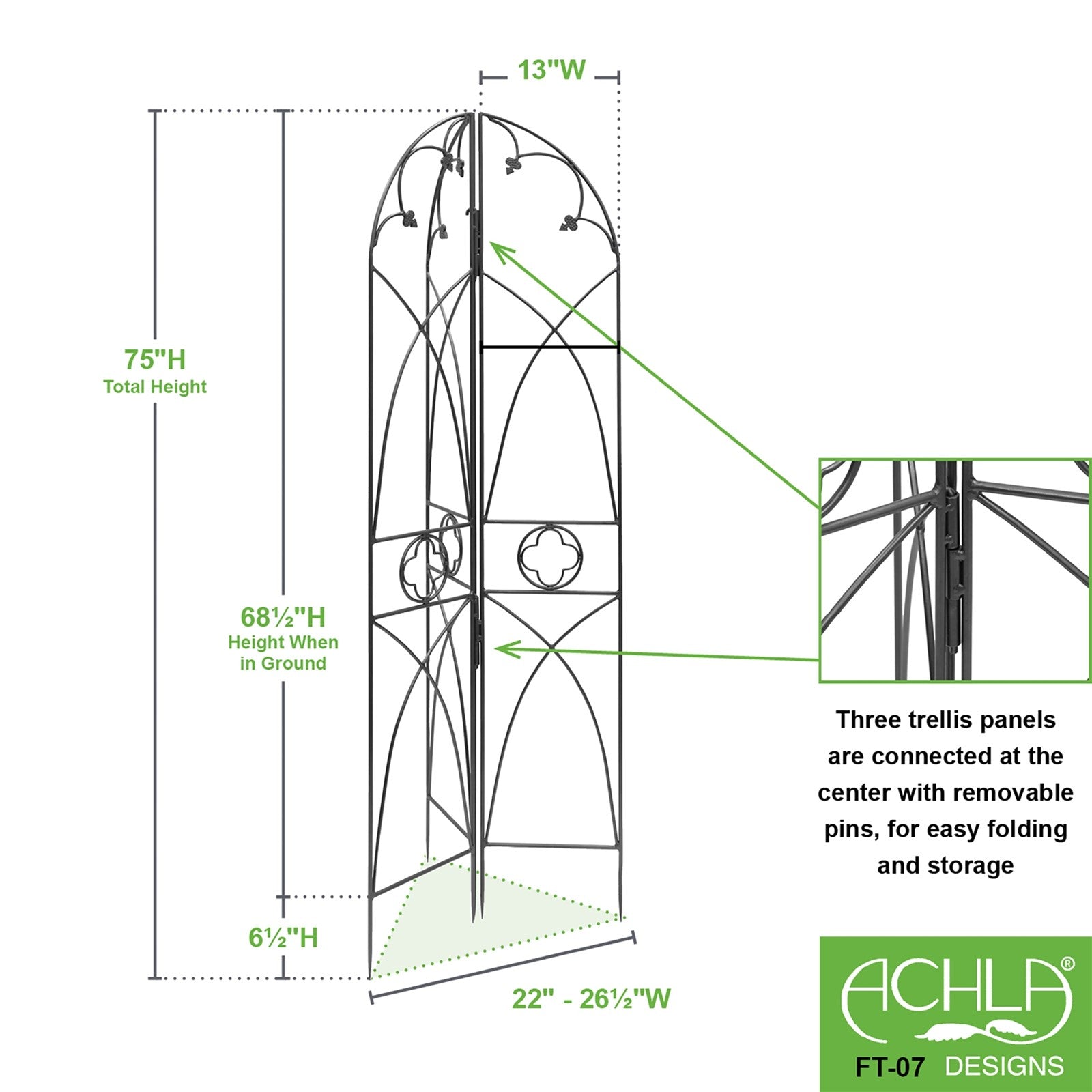 ACHLA Quatrefoil Trellis 75in Garden Trellis | Gothic Wrought Iron Black Powdercoat | Climbing Plants & Garden Accent | 75 in H, 26.5 in | Model FT-07