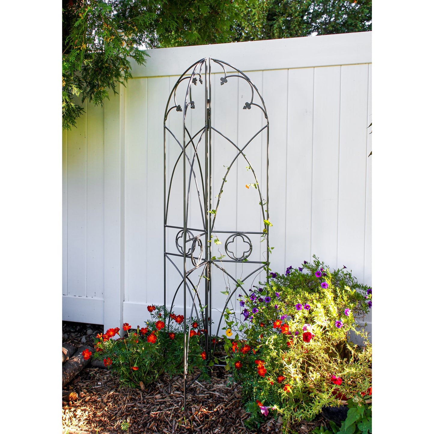 ACHLA Quatrefoil Trellis 75in Garden Trellis | Gothic Wrought Iron Black Powdercoat | Climbing Plants & Garden Accent | 75 in H, 26.5 in | Model FT-07