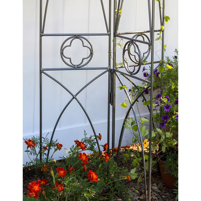 ACHLA Quatrefoil Trellis 75in Garden Trellis | Gothic Wrought Iron Black Powdercoat | Climbing Plants & Garden Accent | 75 in H, 26.5 in | Model FT-07
