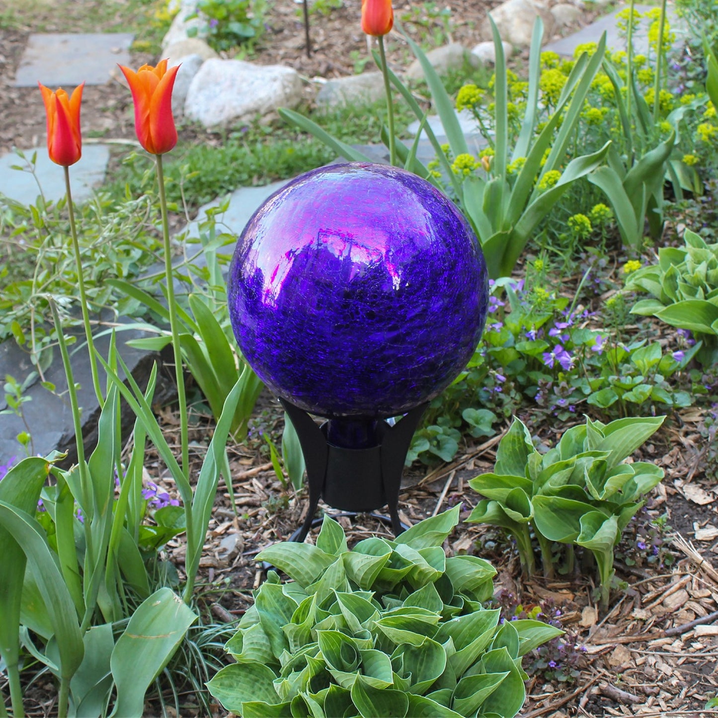 ACHLA 10in Gazing Globe | Blue Crackle Hand-Blown Glass | Garden & Patio Accent | 10 x 10 x 12 in | Model G10-BL-C